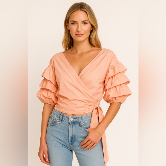 Wrap Top off shoulder in salmon pink - Picture 1 of 8